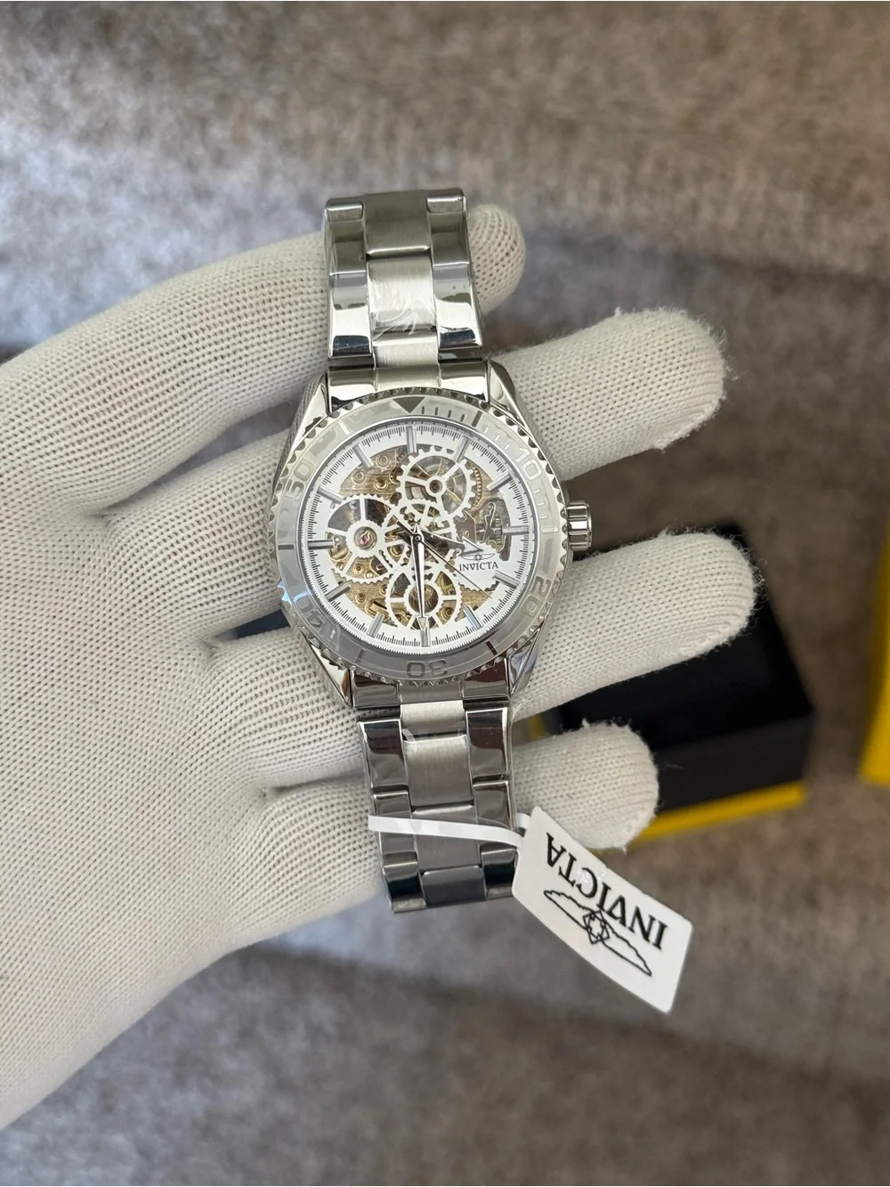Invicta Silver Skeleton Mechanical Objet D Art Men Watch - Silver/Gold Dial